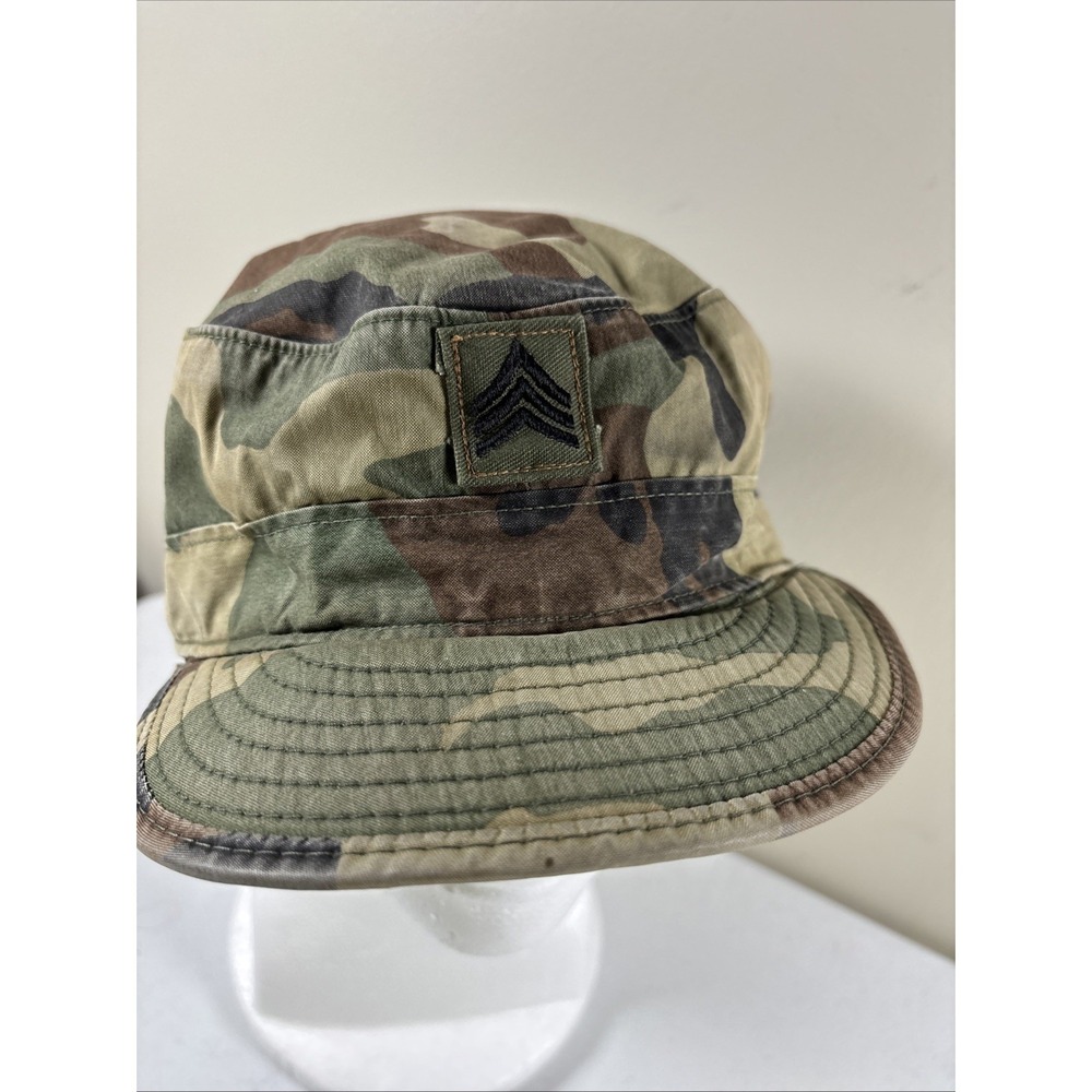 Army Cap Green U.S. Military Hat Size 7 1/4 w/Ear Flap woodland camo VTG